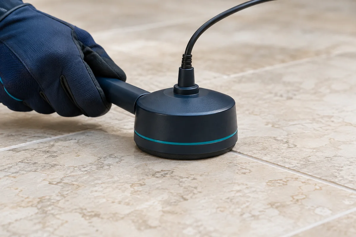 Illustrative acoustic leak detection sensor on a stone tile floor